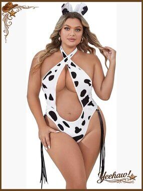 Plus Size Cow Print Halter Bodysuit Lingerie with Hair Hoop